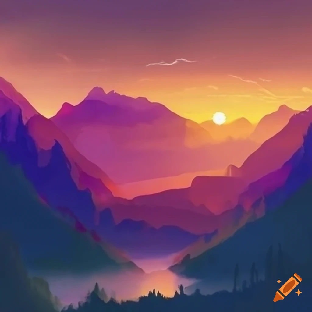 Vibrant Sunset In A Mountain Valley On Craiyon