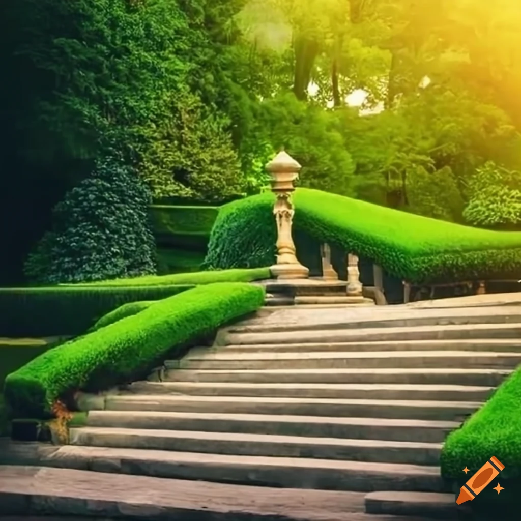 marble palace stairs overlooking a lake in a garden