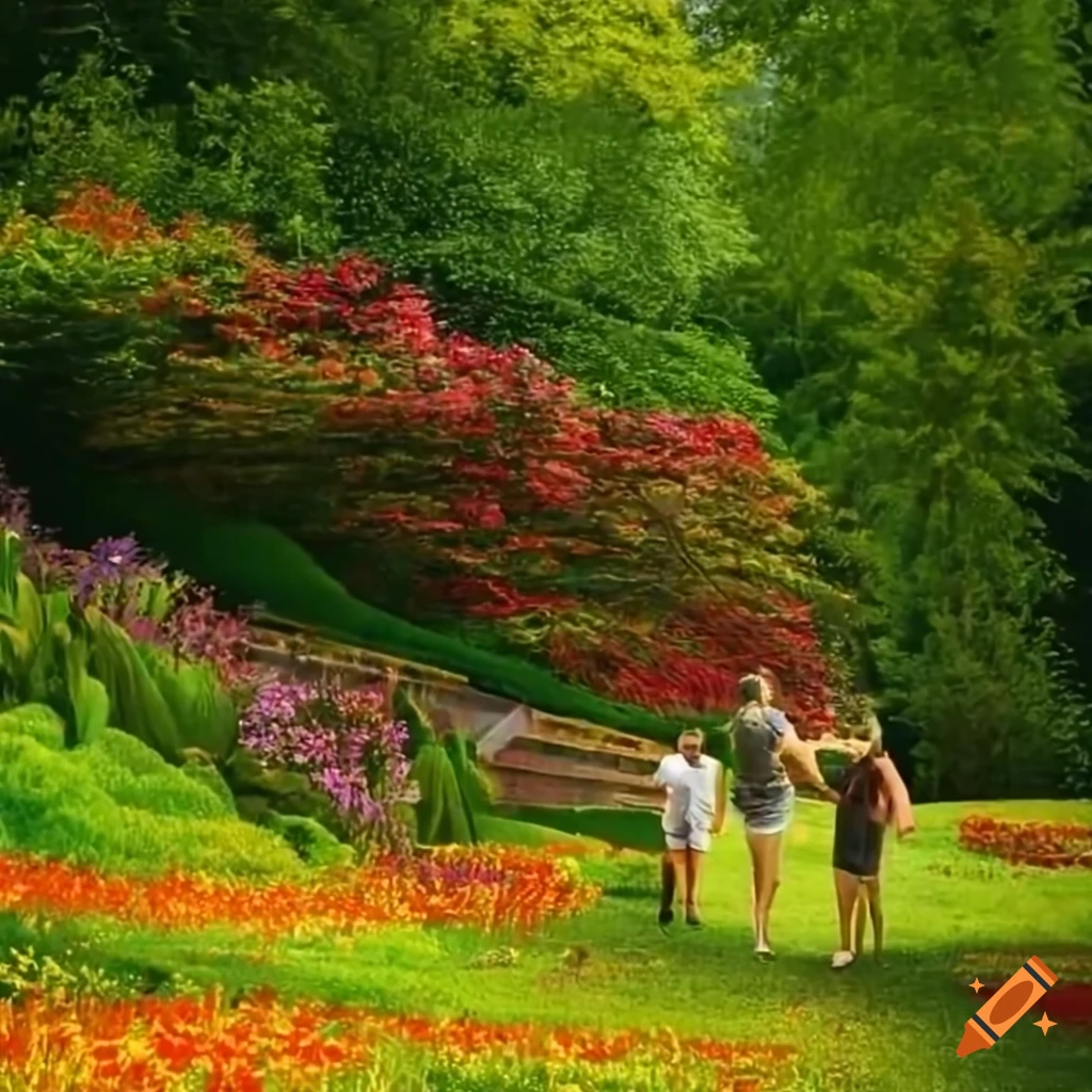 vibrant garden with blooming flowers and curved stairs
