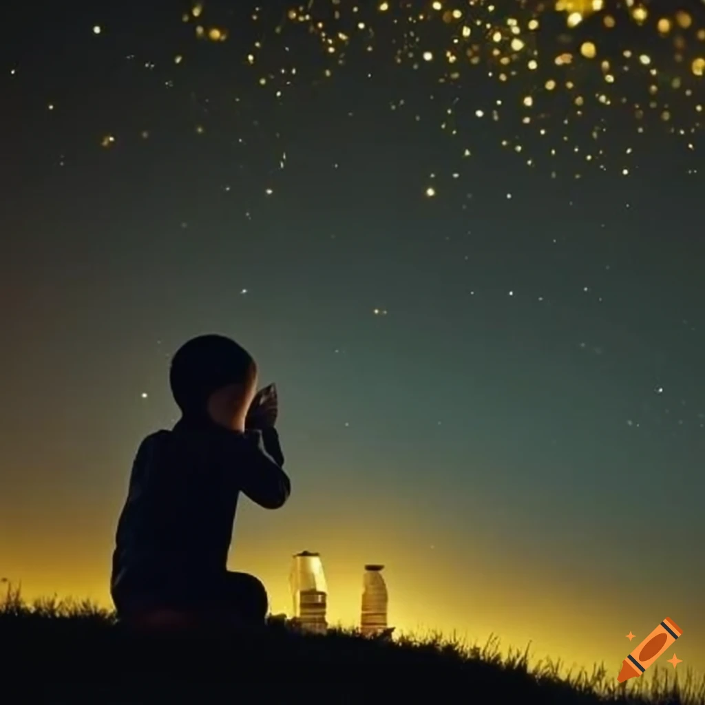boy watching the night sky with lantern and fireflies