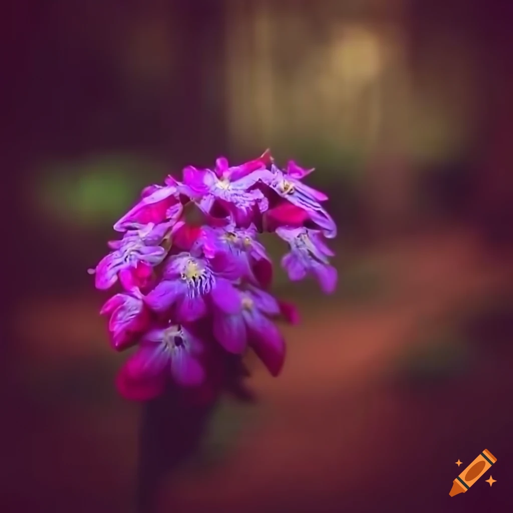 close up of purple and red flowers in a forest setting