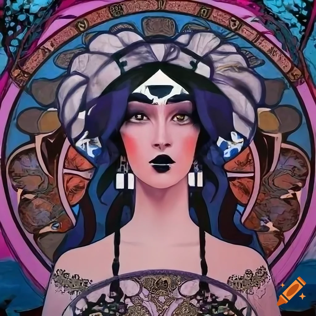 art nouveau illustration of a native american woman in goth outfit
