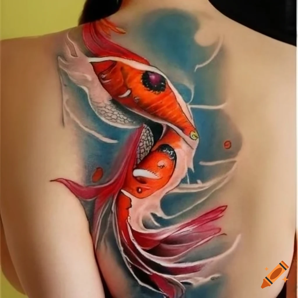 Woman's back with a koi fish tattoo on Craiyon