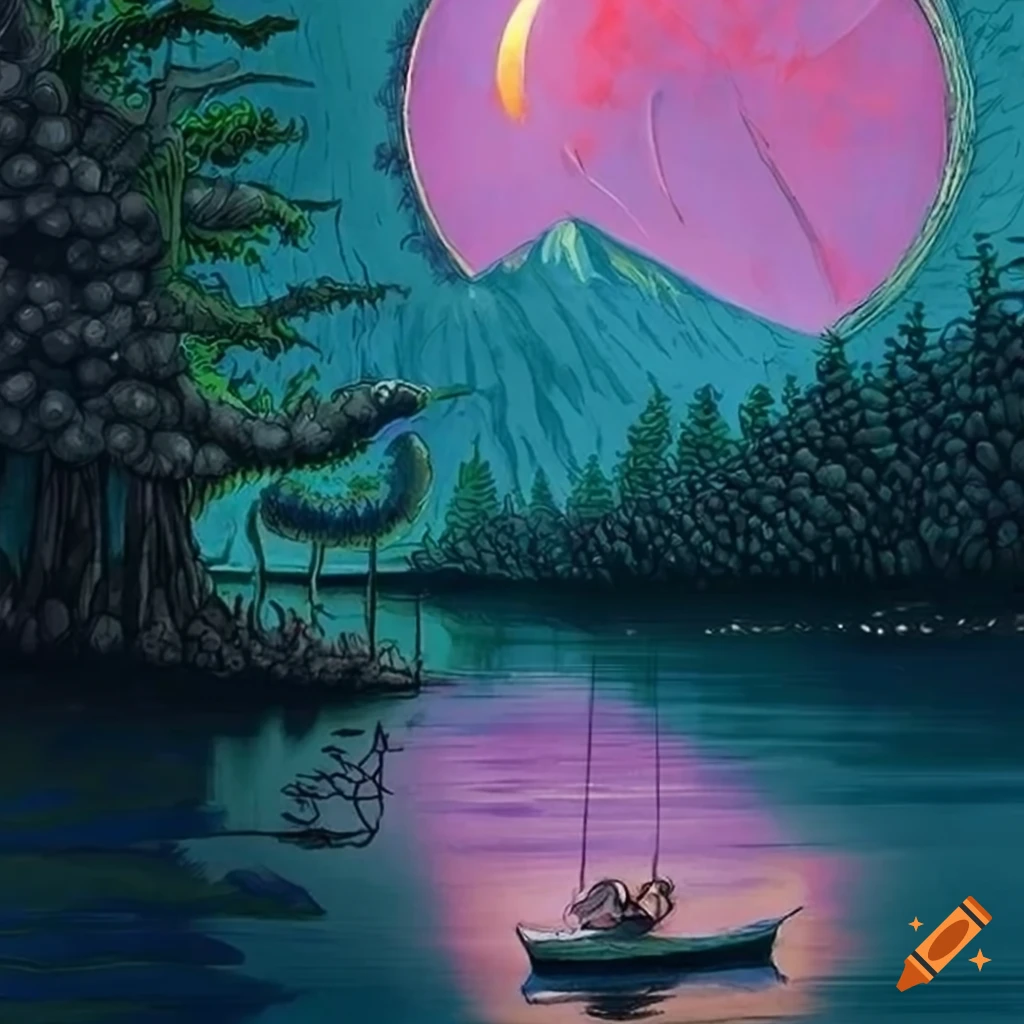 Serene Pen And Ink Landscape With Moonlit Boat