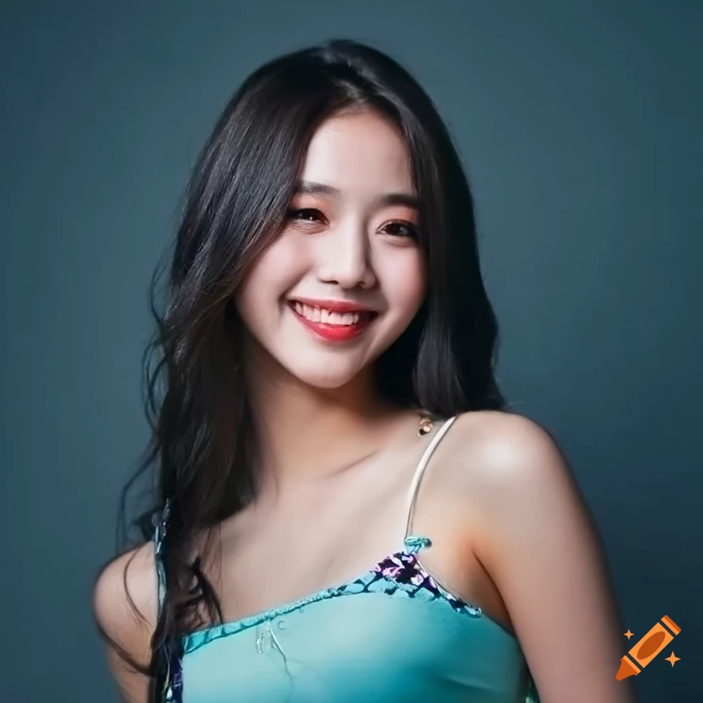 portrait of a cheerful 18-year-old female idol with German and Thai heritage