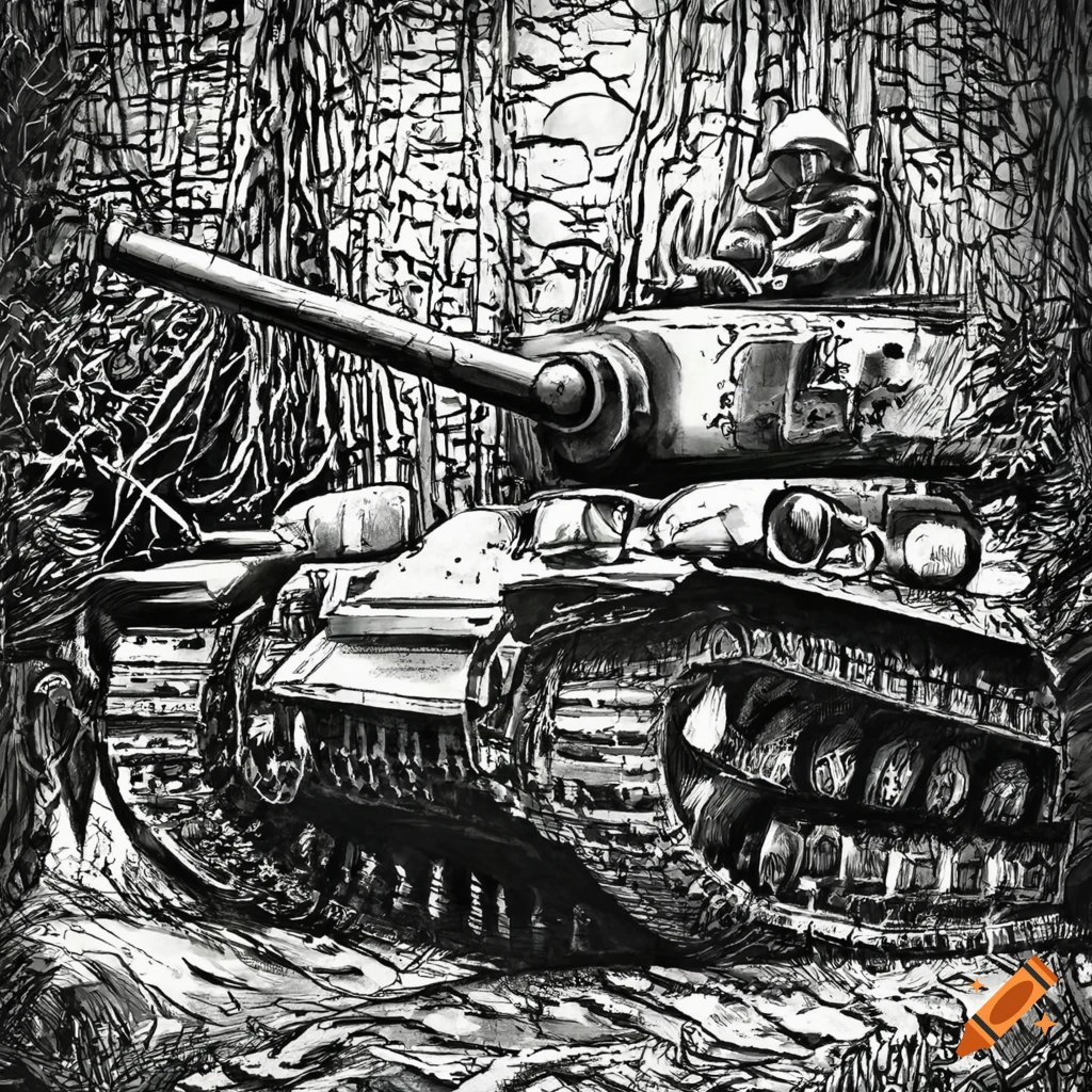 Ink drawing of a ww2 tank in the forest on Craiyon