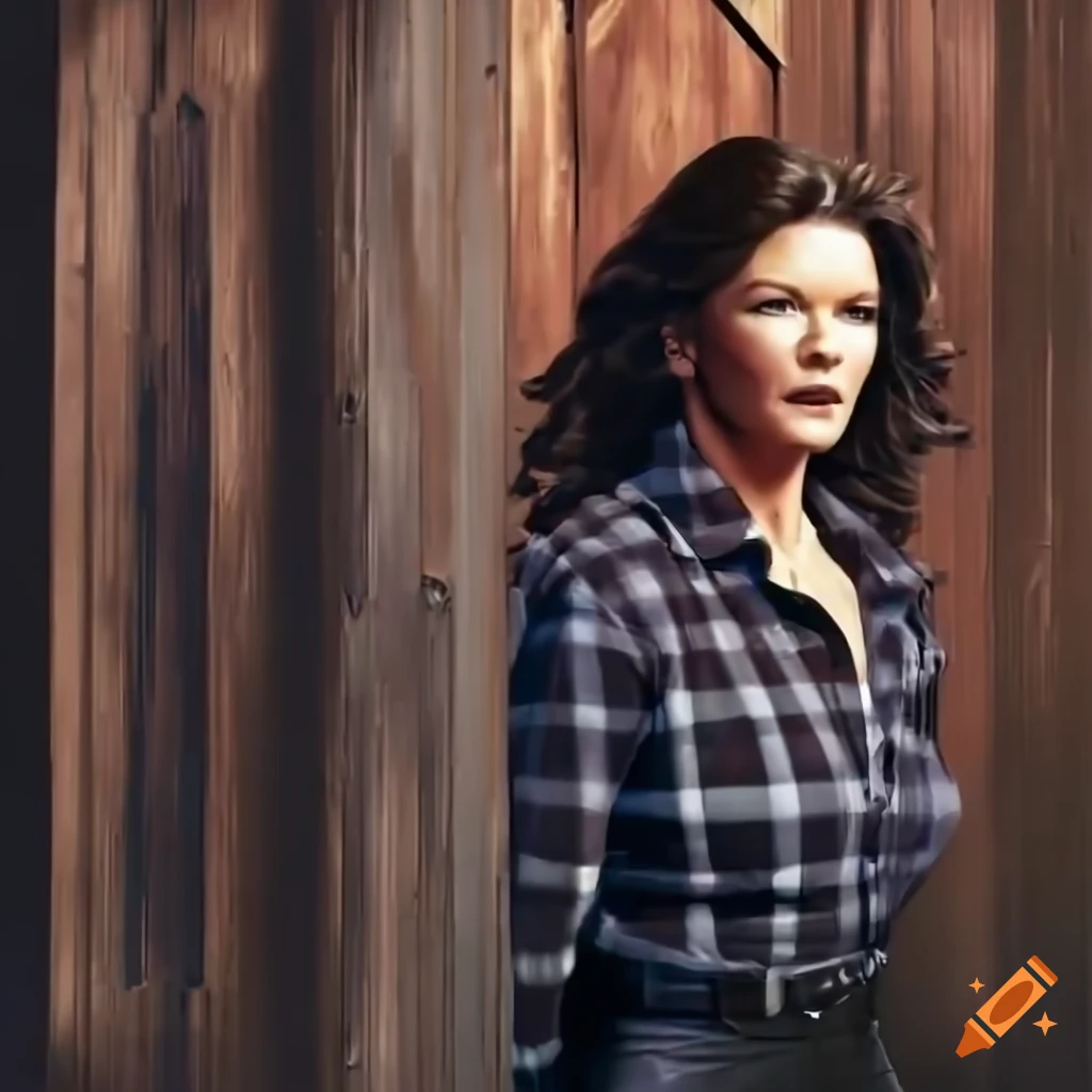 Catherine Zeta-Jones lookalike in a plaid shirt, scared expression, peeking through a barn door