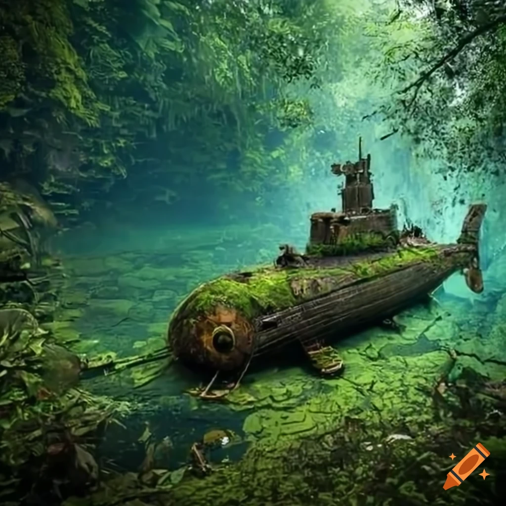 image of a steampunk submarine in a jungle