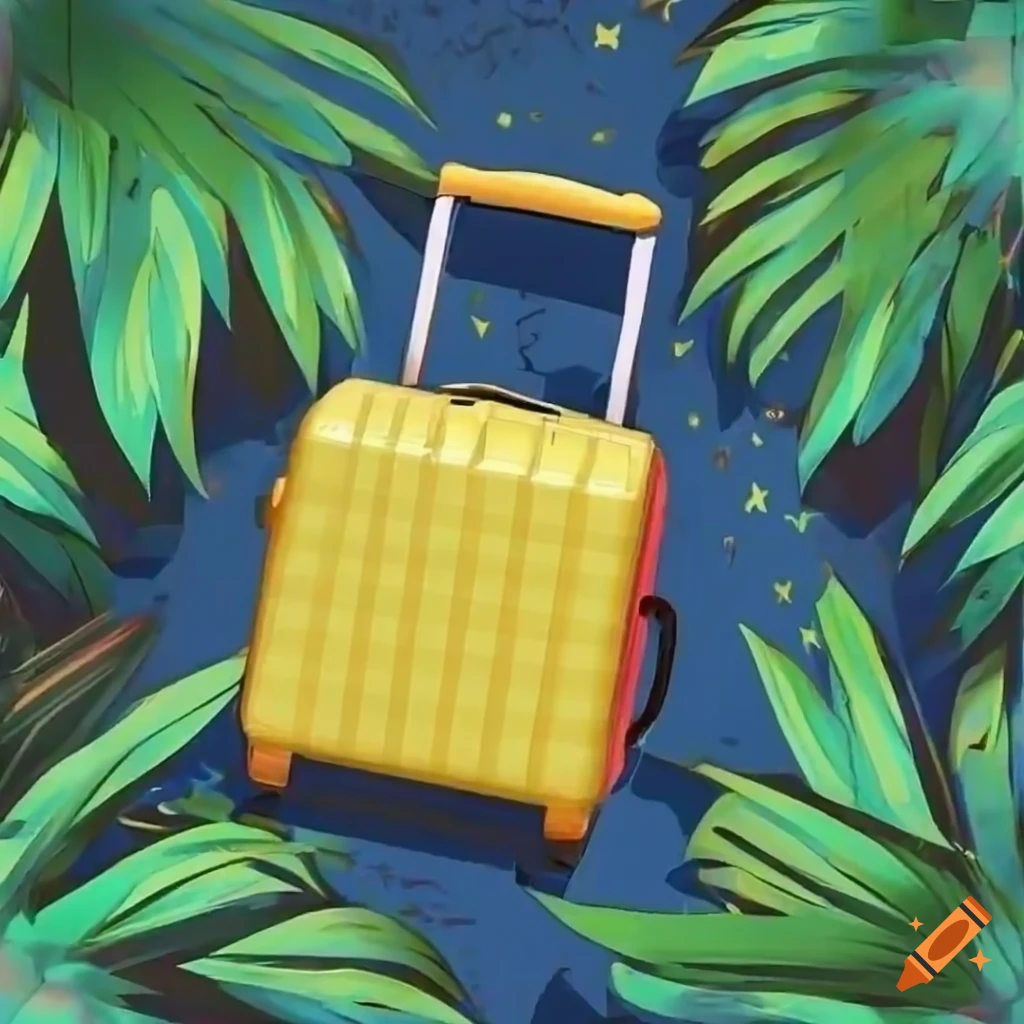 Top-down view of suitcases in tropical forest near beach on Craiyon