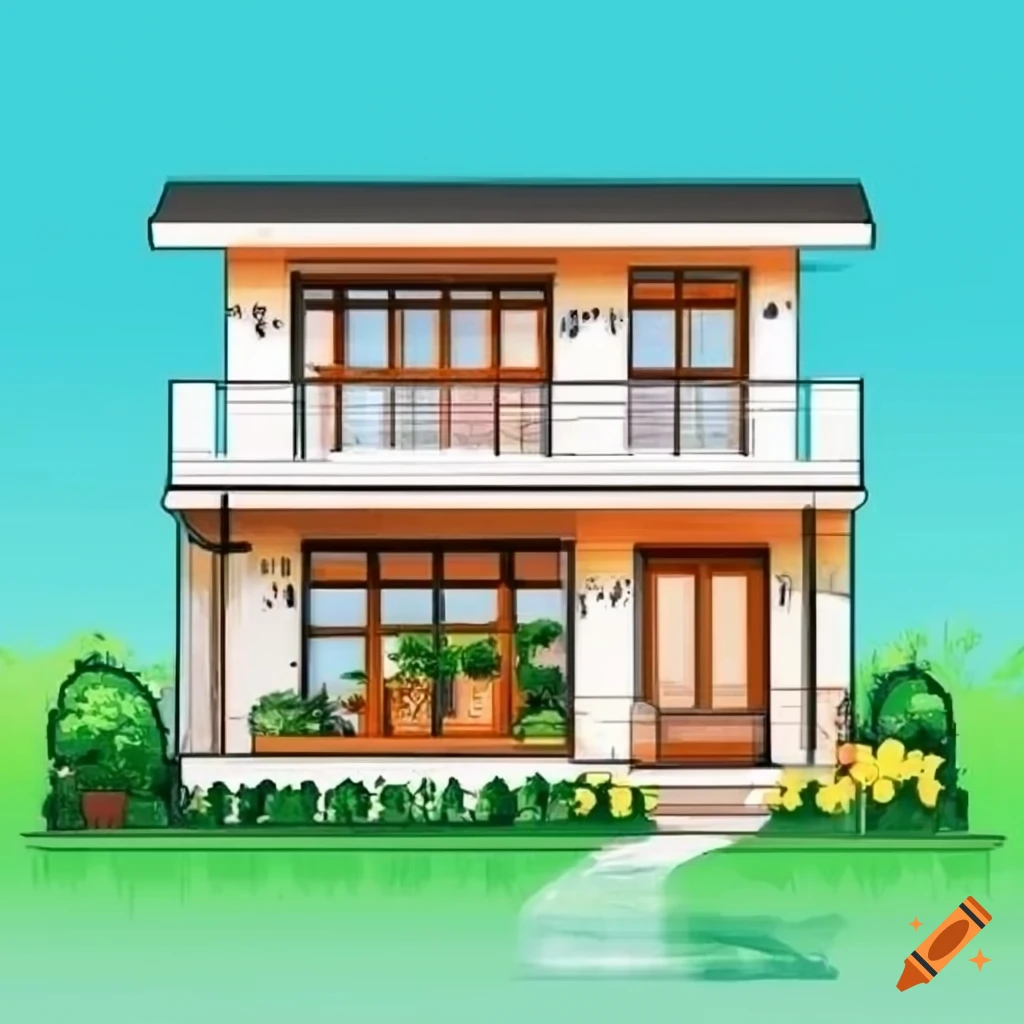 Drawing Of A Modern House With A Terrace And Flower Garden On Craiyon