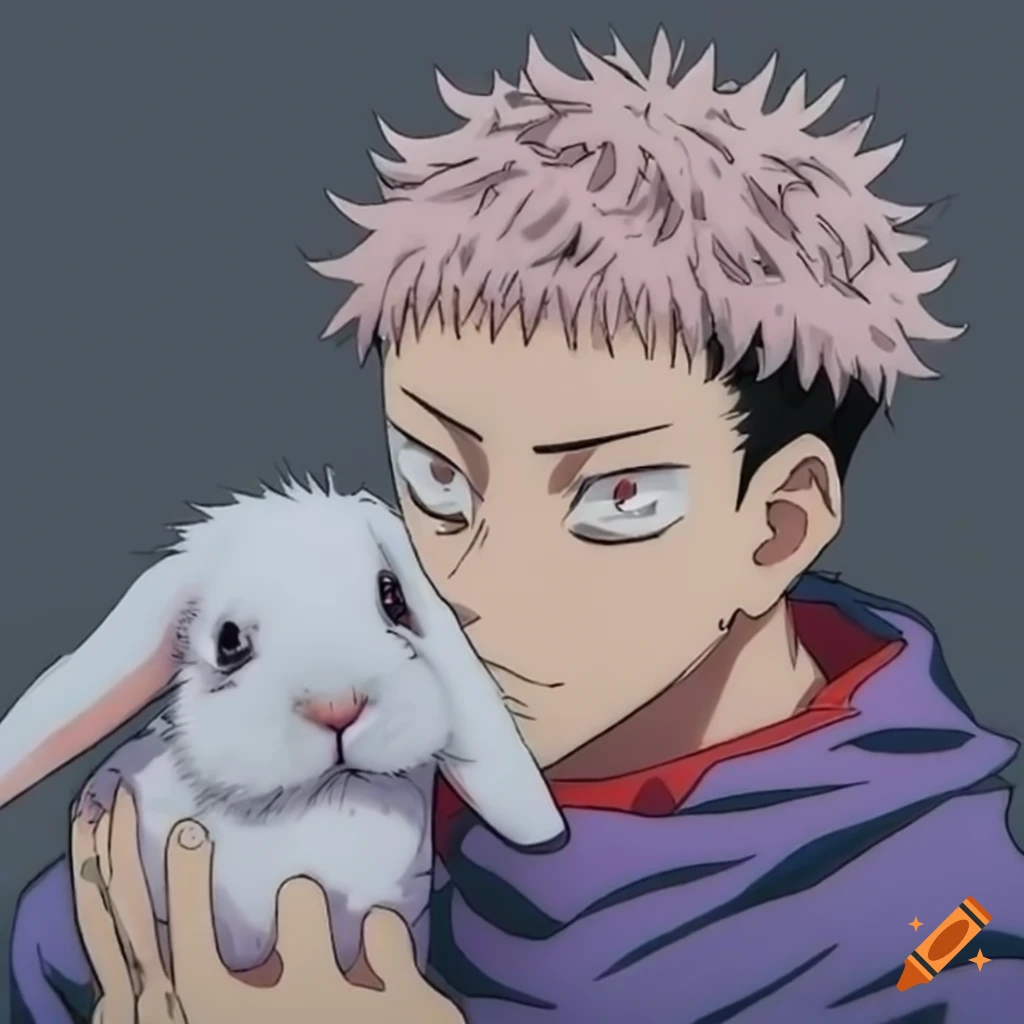 Yuji Itadori holding a white holland lop rabbit on Craiyon