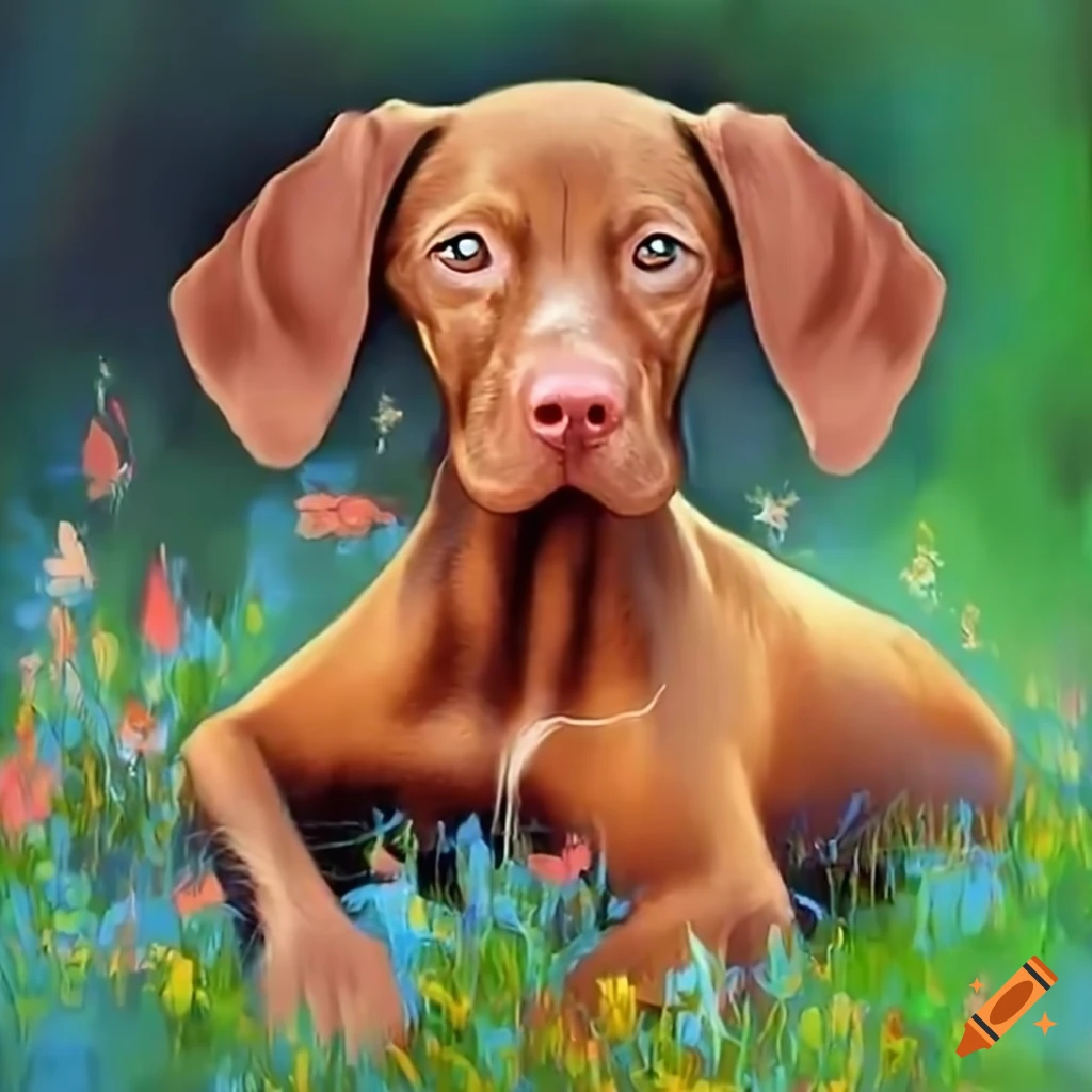 Vizsla puppy playing in flowery grass on Craiyon