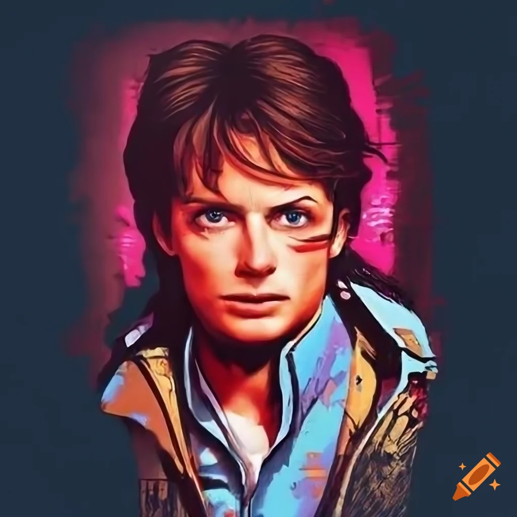Stencil graffiti art of michael j. fox as marty mcfly with cyberpunk