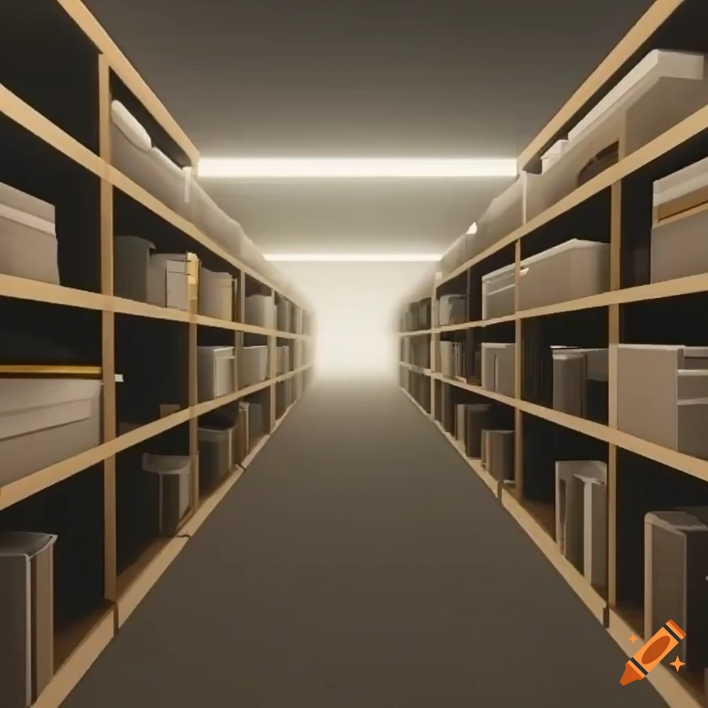 Topdown perspective of an infinite ikea with fog and shelves on Craiyon