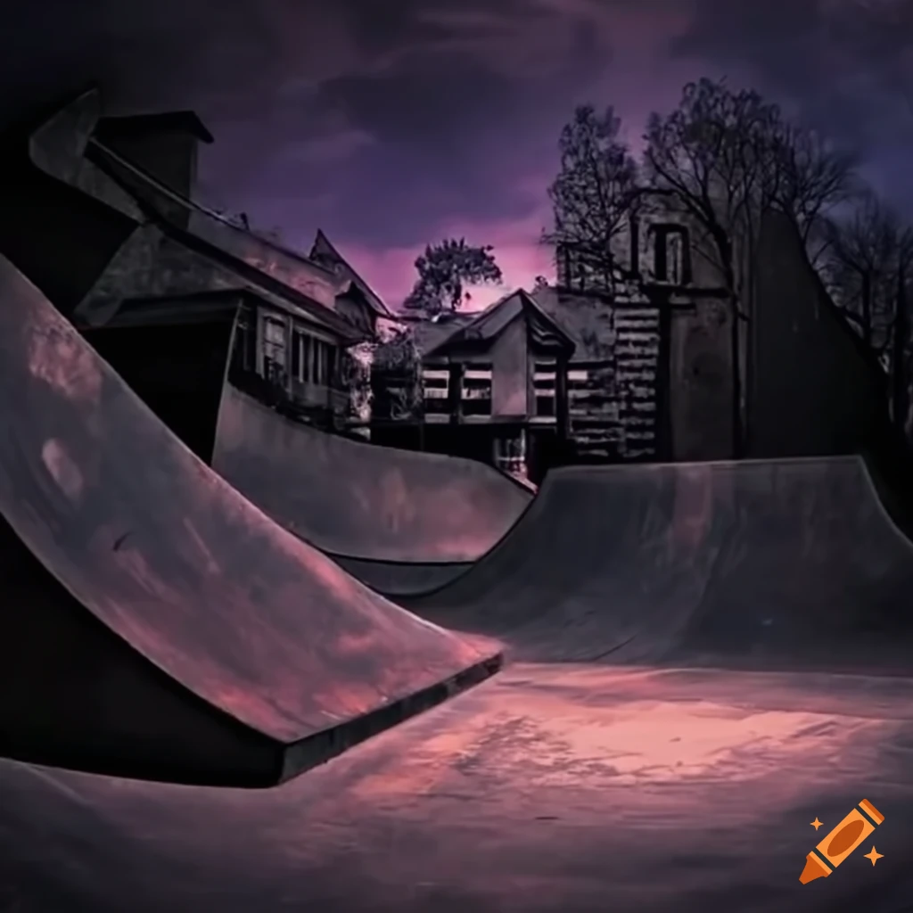 photo of a haunted skatepark at night