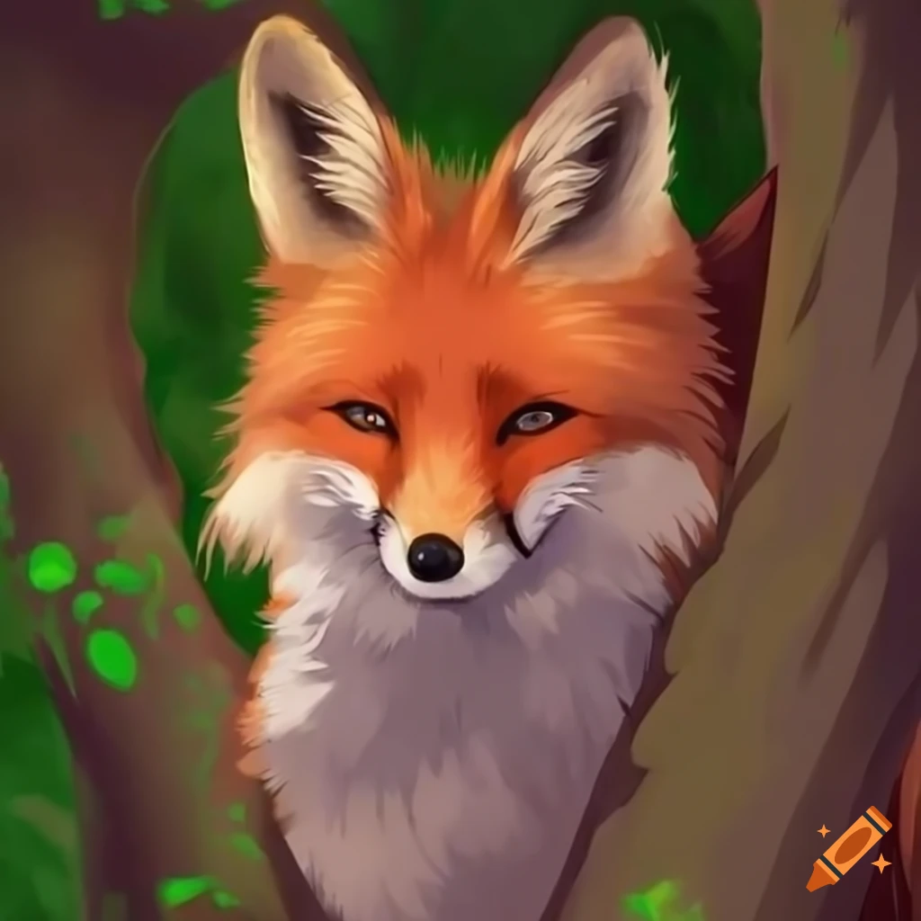 cute red fox peeking behind a tree in anime style