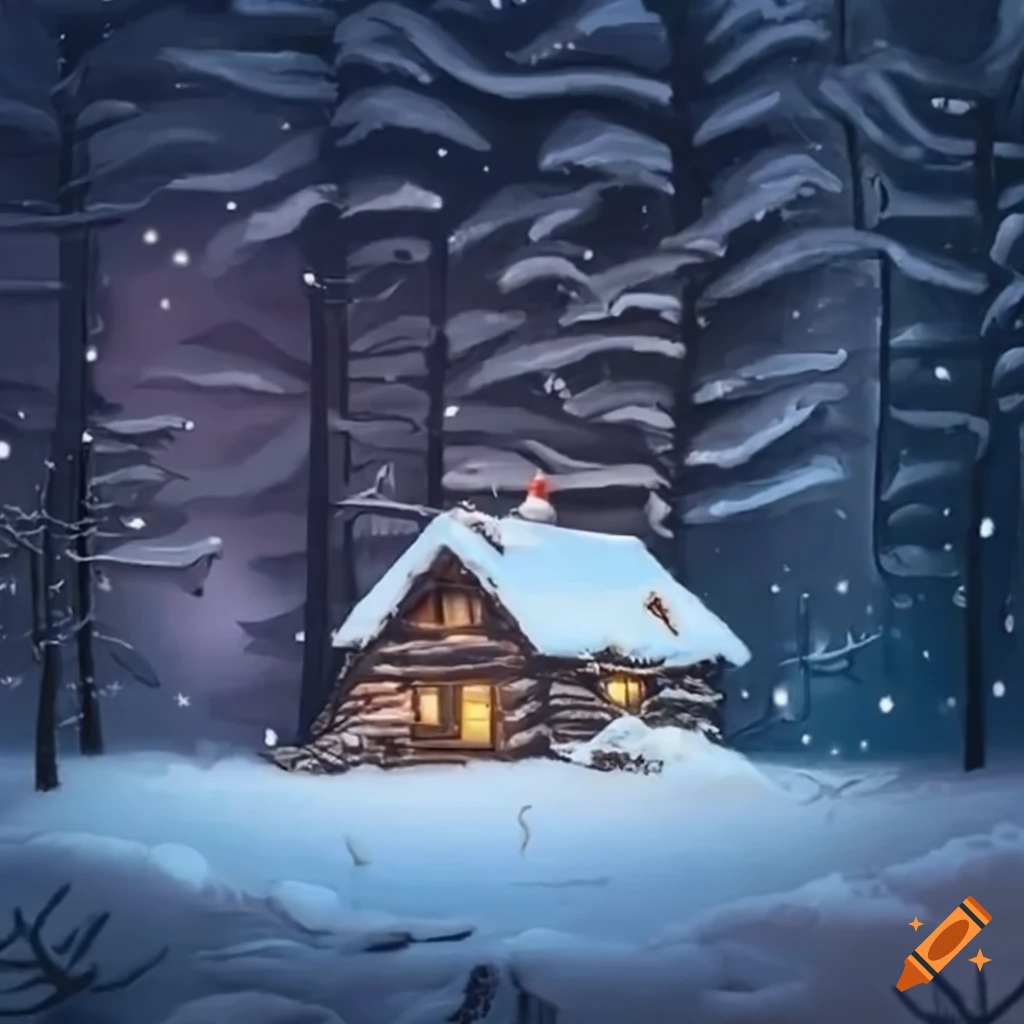 picasso-style snowy Christmas scene with a log cabin