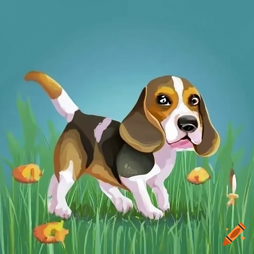 Beagle puppy playing in grass