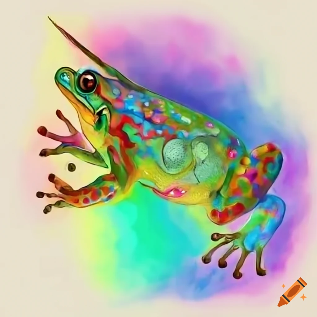 colorful frog with unicorn horn in a rainbow