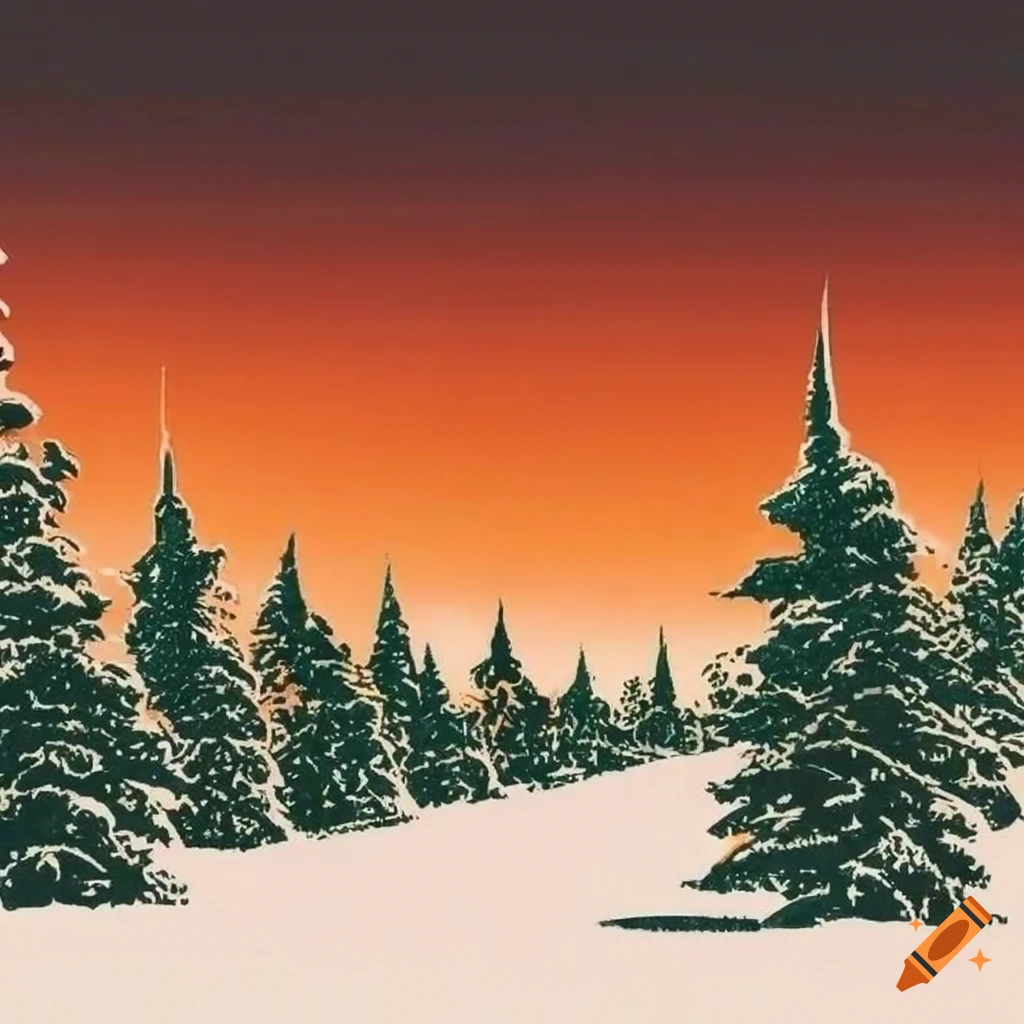 artwork of a snowy forest on fire during a vibrant winter festival