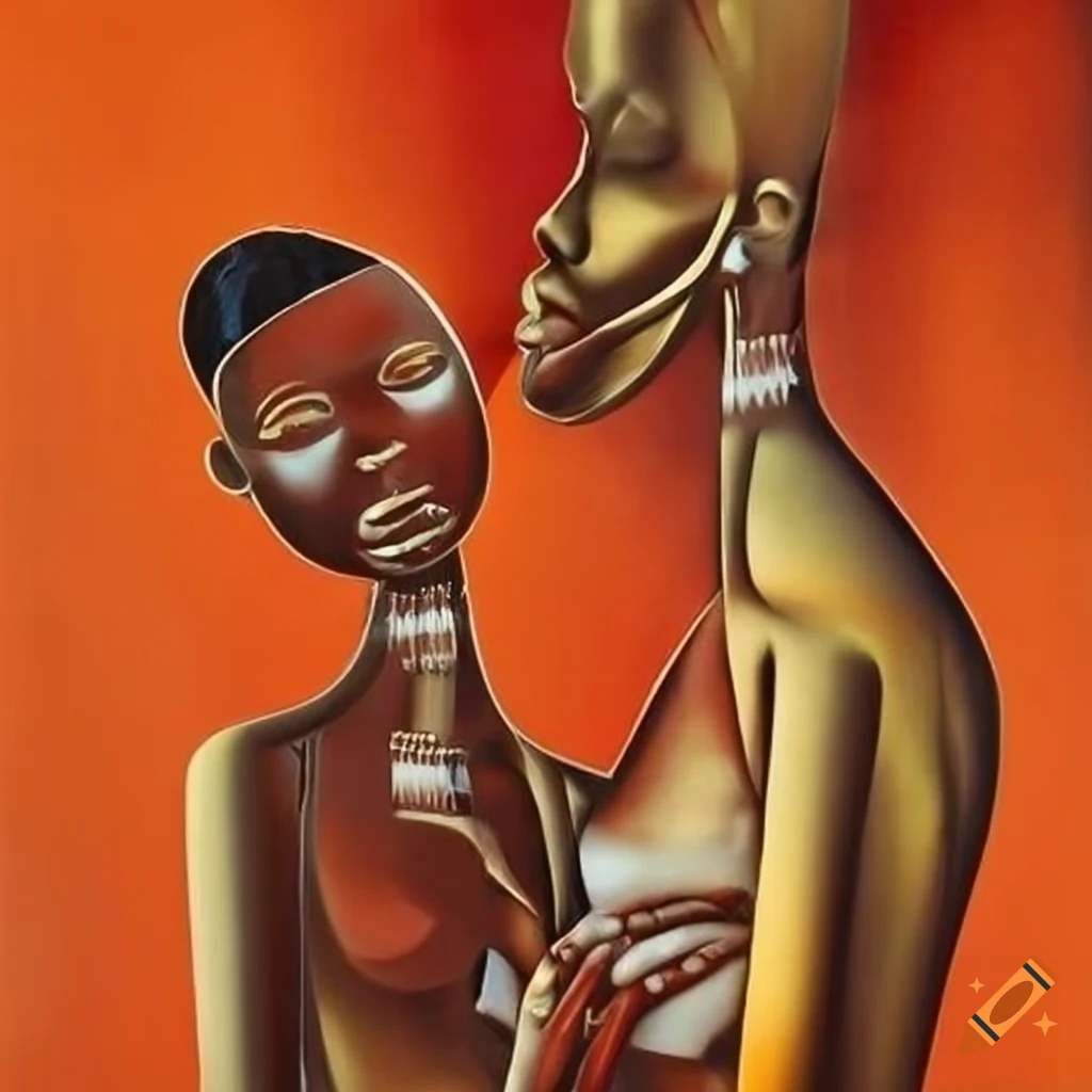 surrealist painting of an African tribe in gold and red colors