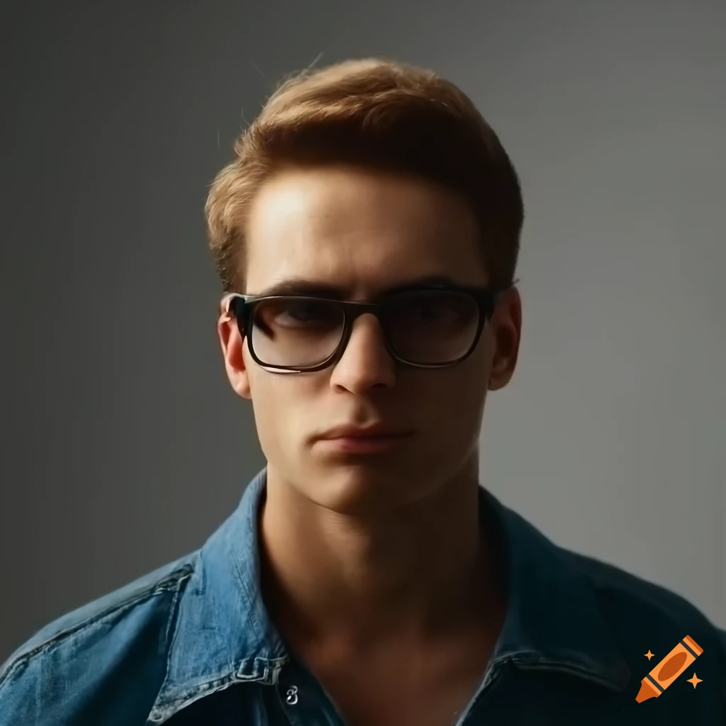 portrait of a stylish young man with blue eyes and black glasses