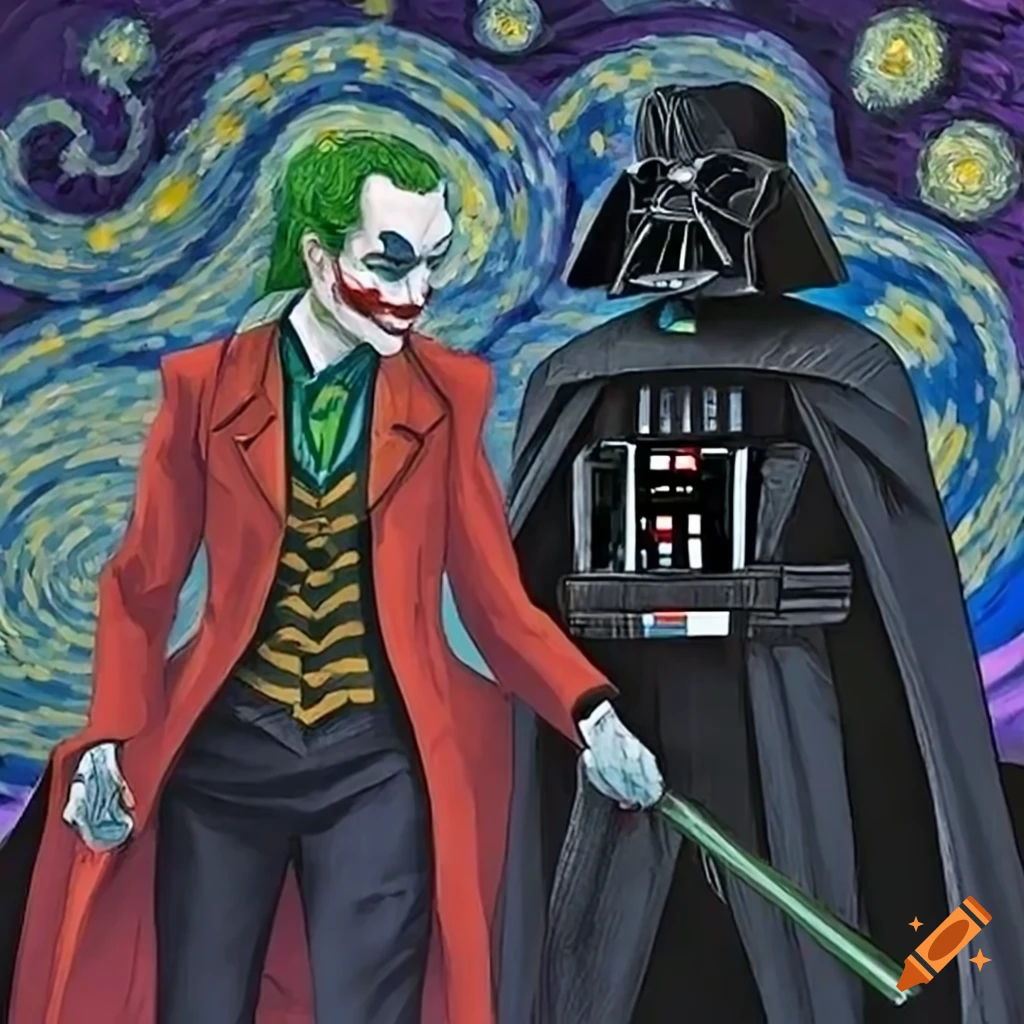 Artistic portrayal of joker and darth vader conversing under a starry