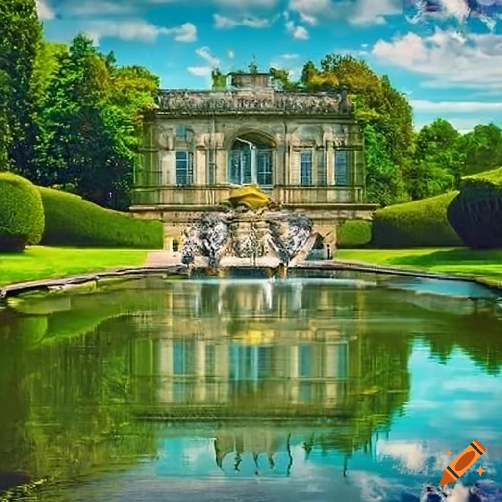Rococo stucco entrance on a classical building with a garden on Craiyon