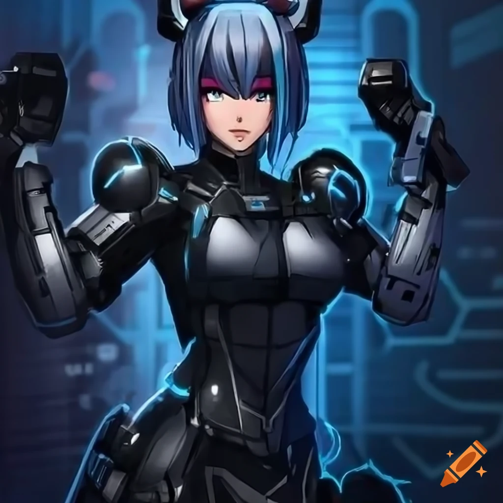Cyberpunk anime girl with horns and nanotech tattoos