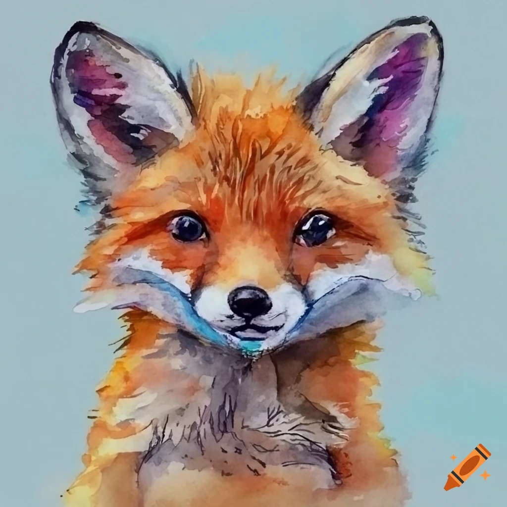 watercolor painting of a cute baby fox with balloons