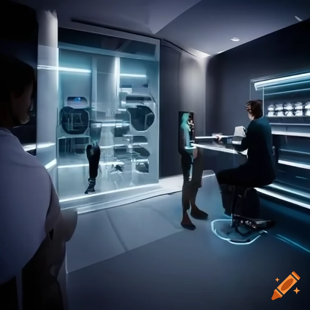 futuristic AI-powered bank branch with customers