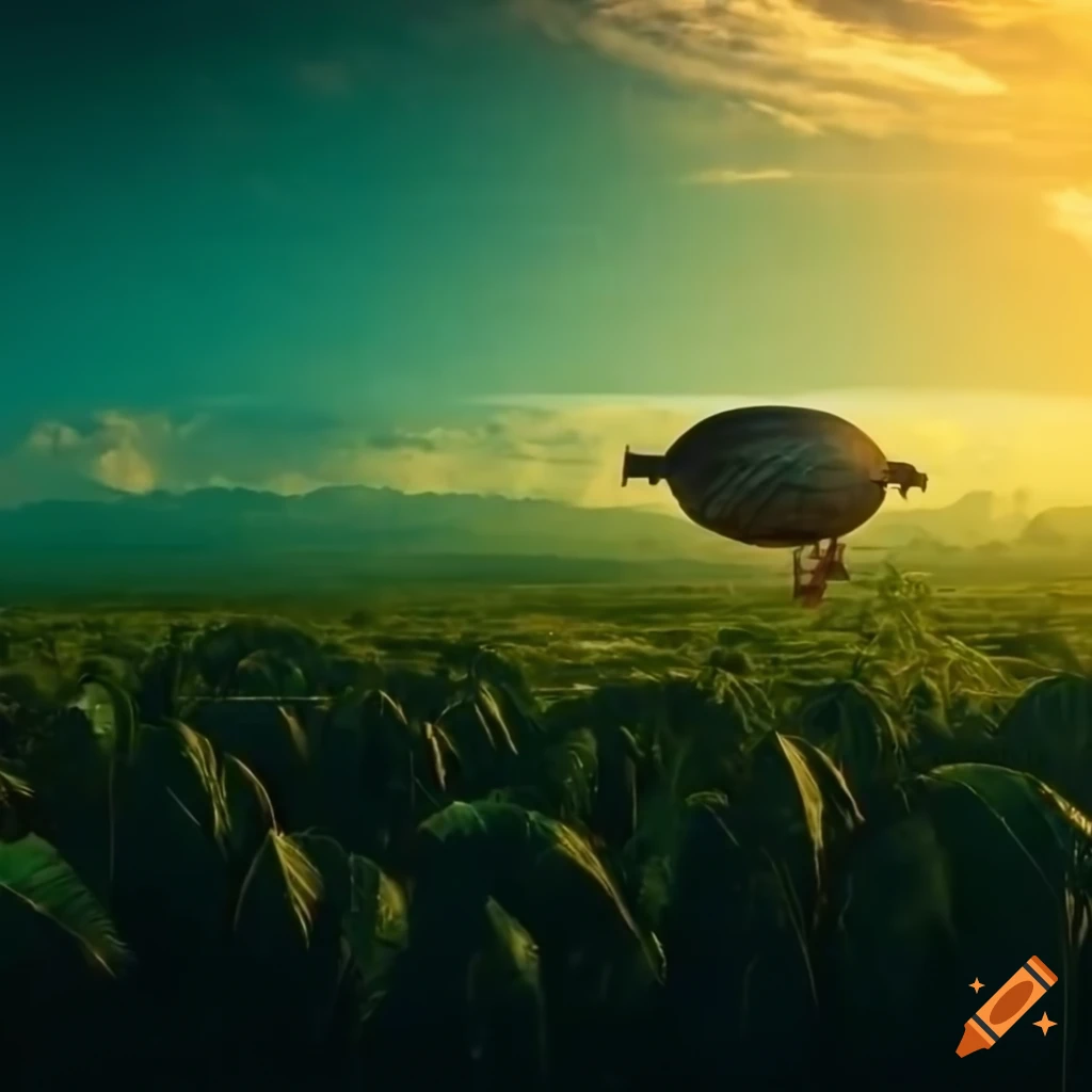 rusted airship flying over tropical tobacco plantations