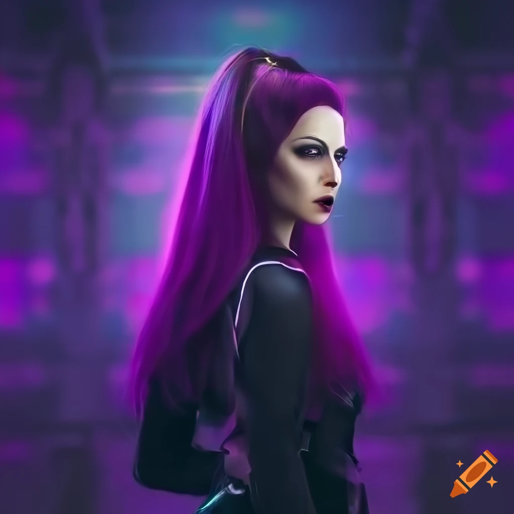 Portrait of a cyberpunk vampire woman with long purple hair on Craiyon
