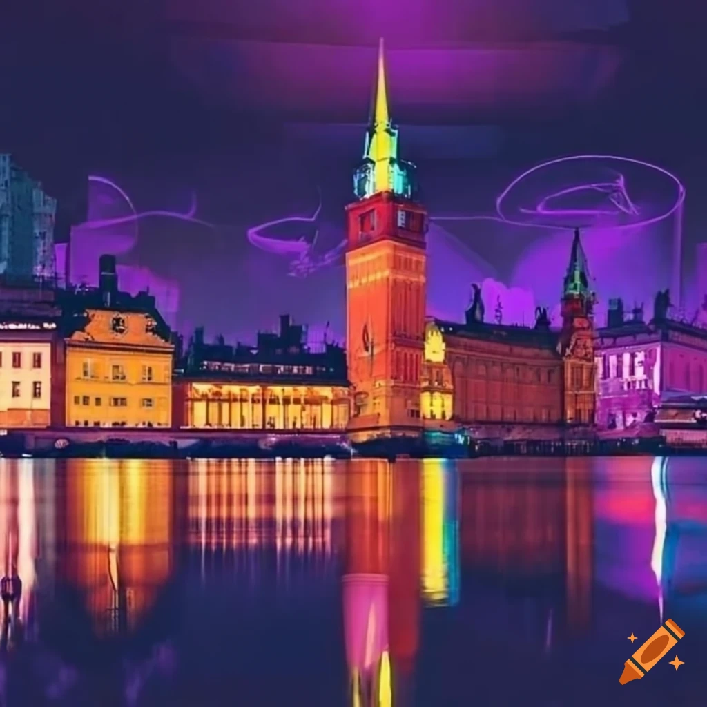 Cyberpunk depiction of stockholm city hall