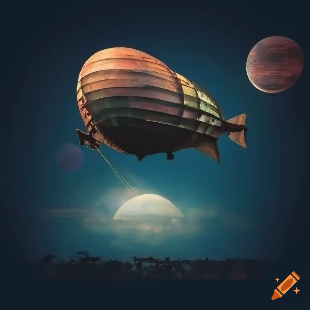 night landscape with a rusted airship flying above tobacco plantations