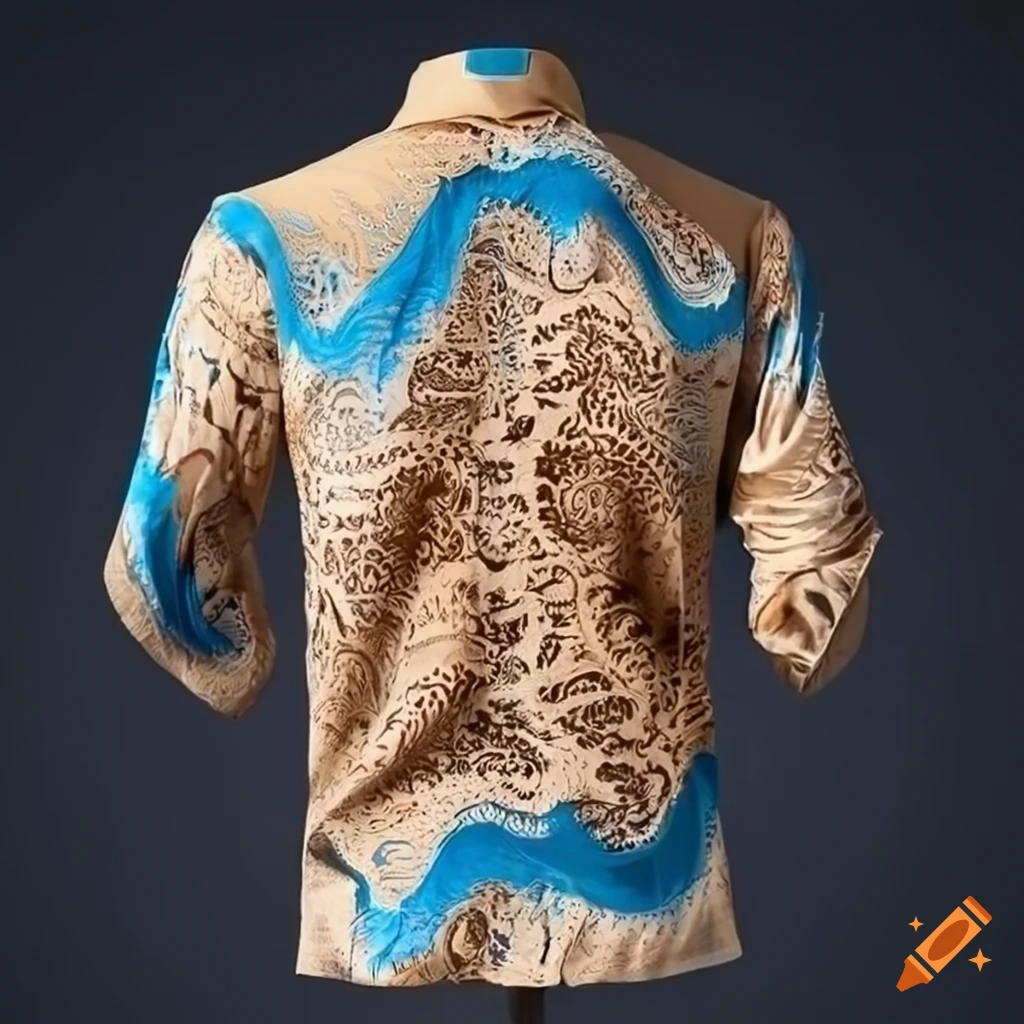 beige and blue intricate men's shirt