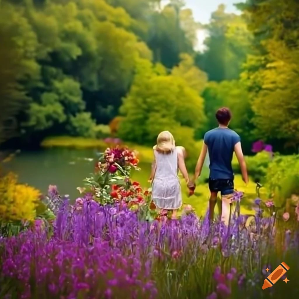 family walking by lake with vibrant garden in the background