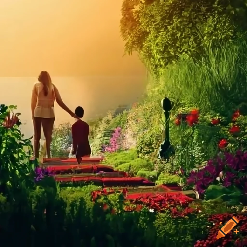 Vibrant garden with blooming flowers and curved stairs on Craiyon
