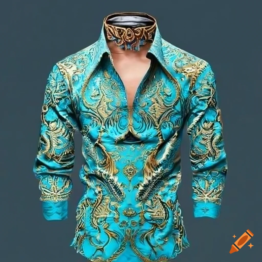 stylish men's shirt with gold turquoise wing patterns