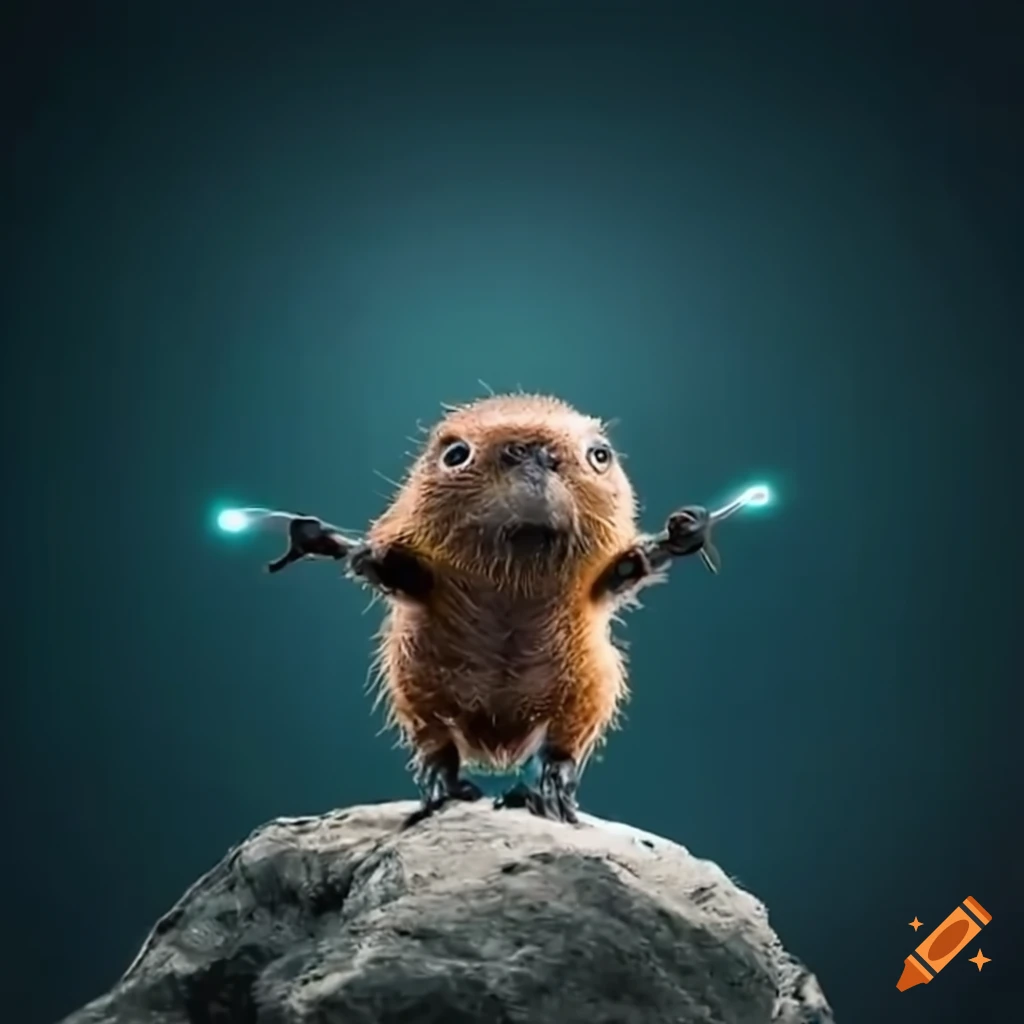humorous image of a robot holding a baby beaver in the air