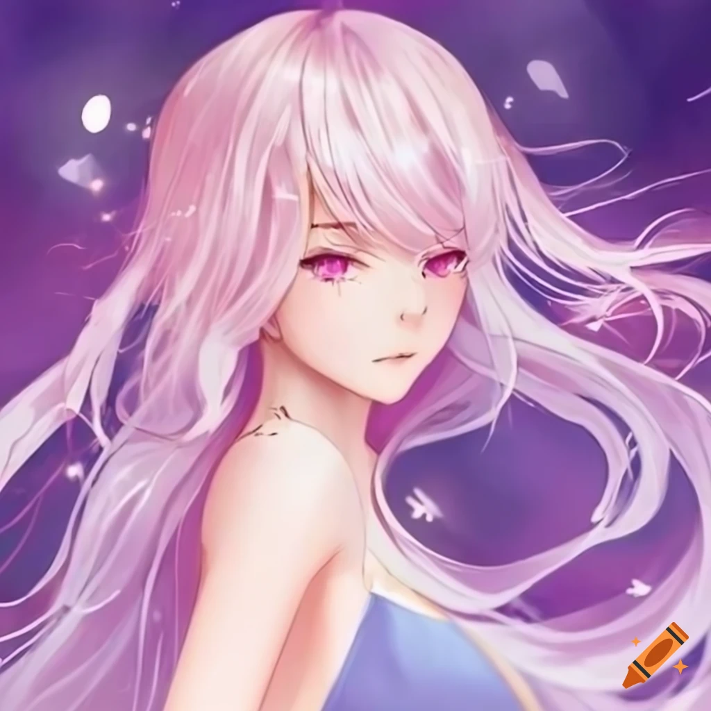 Side profile of anime girl with long pink wavy hair in the wind