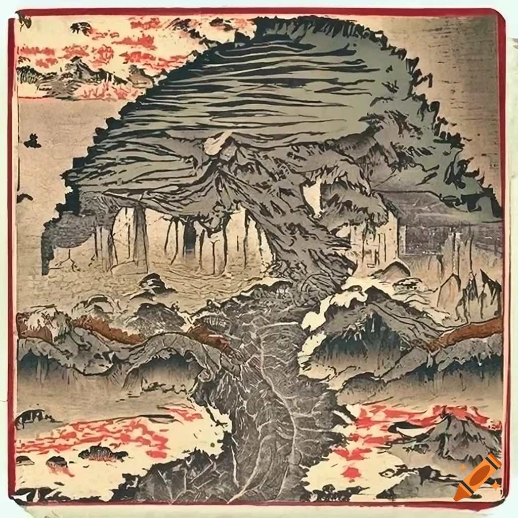 Colorful pen and ink landscape with mythical creatures on Craiyon