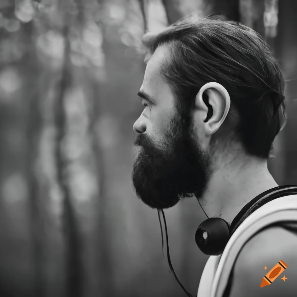 Black and white profile photo of a bearded man in nature on Craiyon