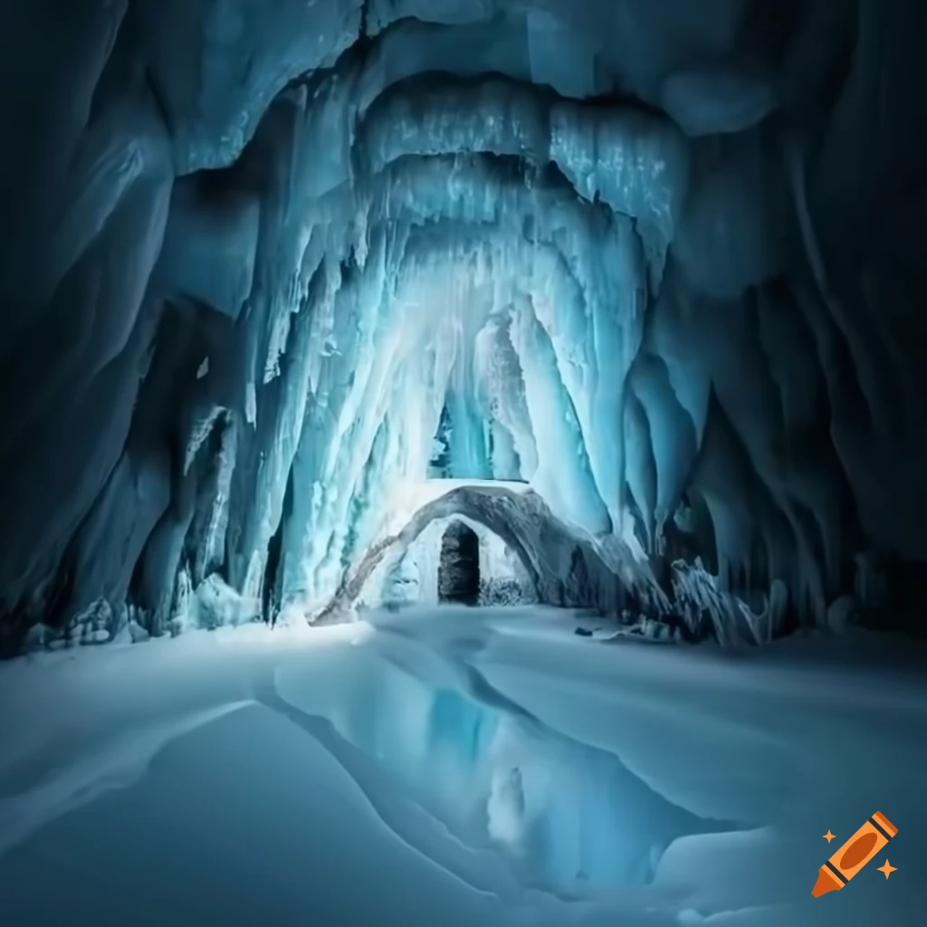 surreal ice cavern with a frozen bridge