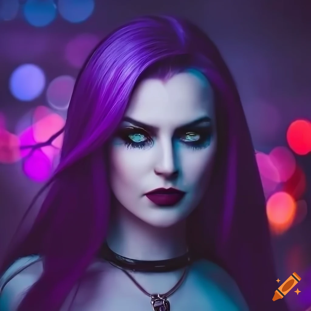 Portrait of a cyberpunk vampire woman with long purple hair on Craiyon