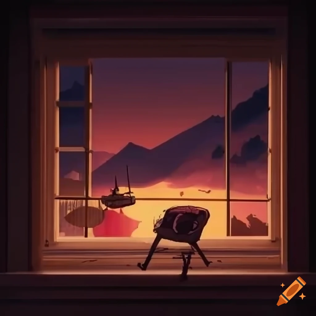 lofi environment with musical instruments and mountains view