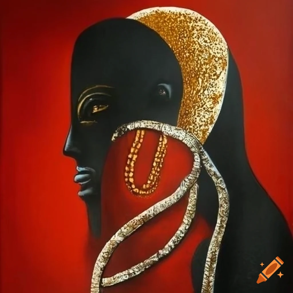 Abstract surrealism artwork with gold, charcoal, and copper elements on