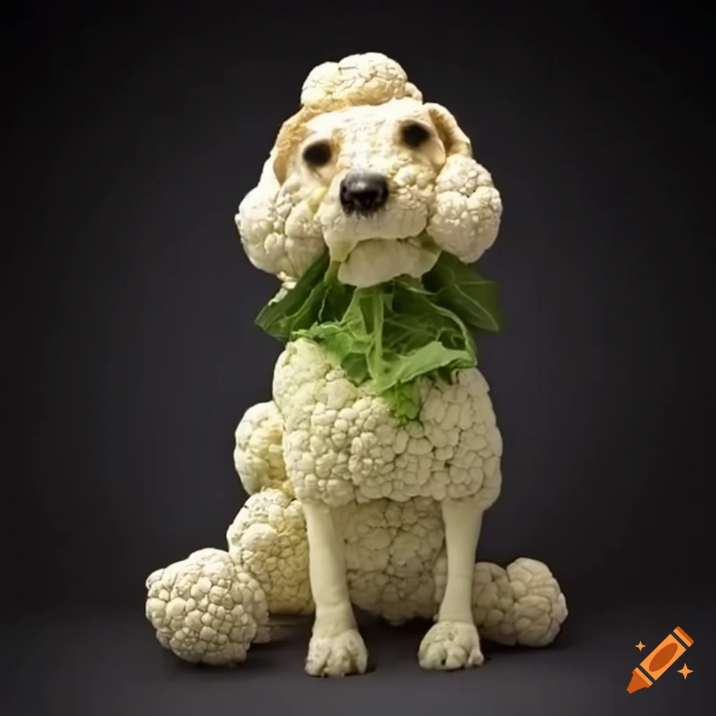 Cauliflower dog sitting on a newspaper on Craiyon