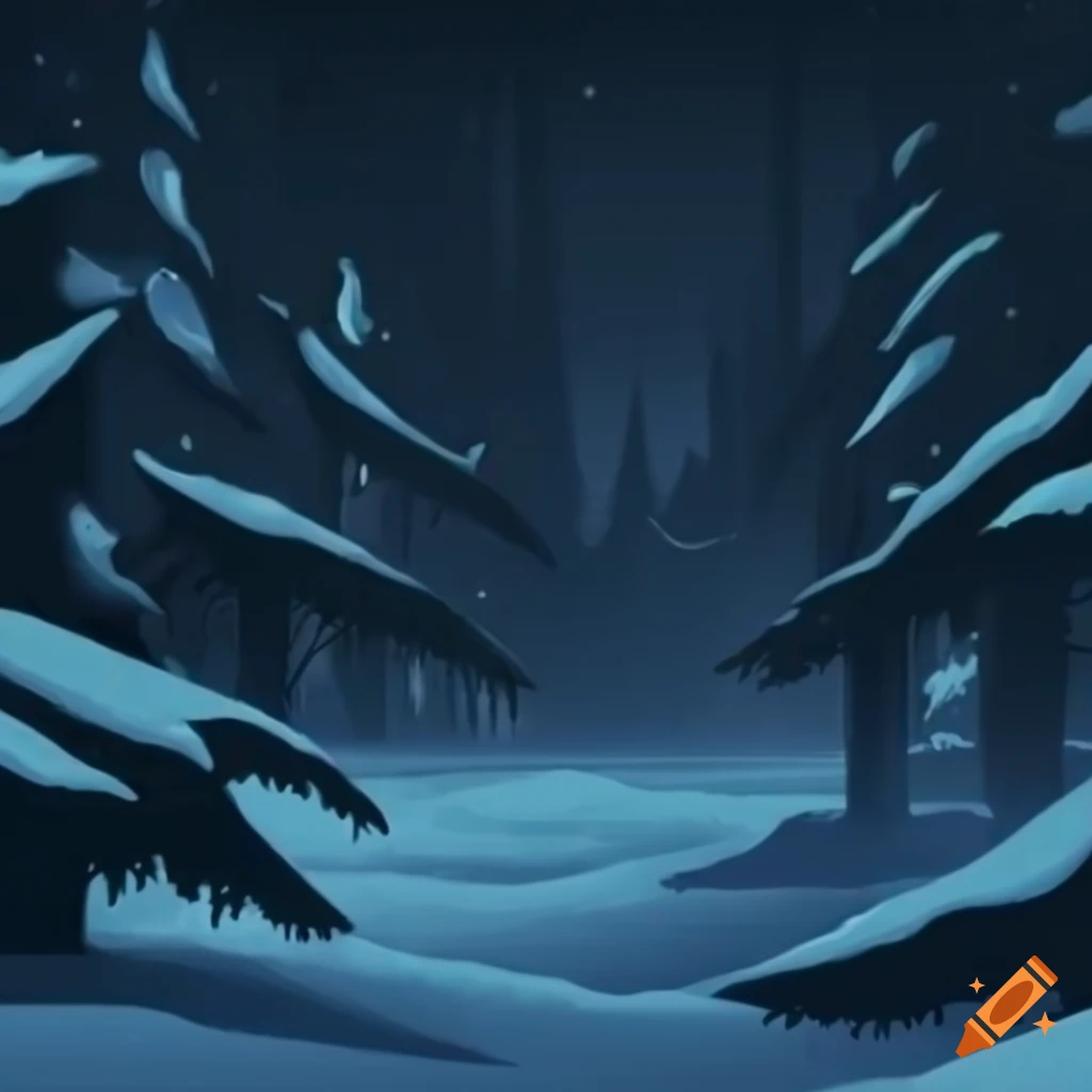 dark forest with falling snow