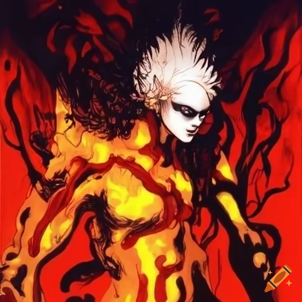 Yoshitaka amano inspired artwork of a fiery superhuman